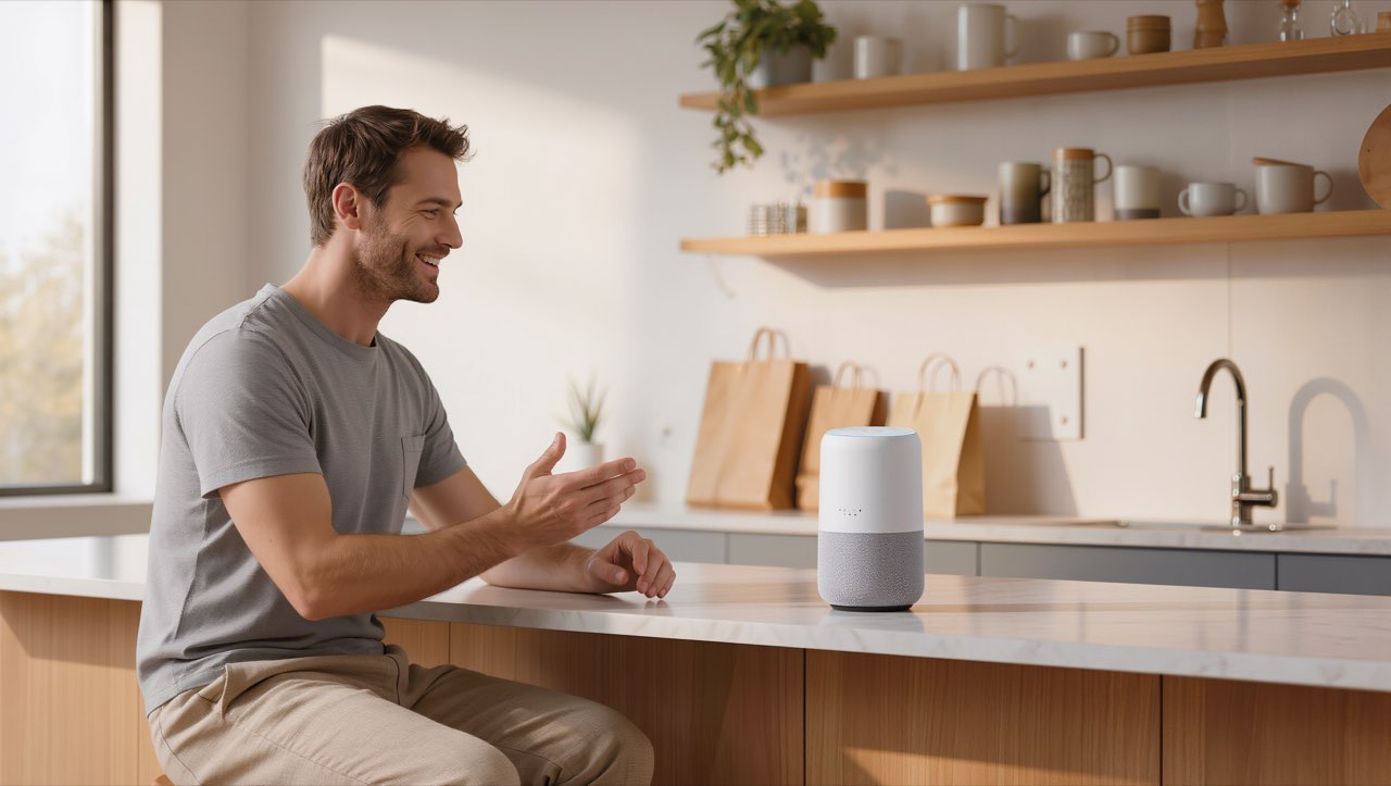 Mann unterhält sich entspannt in seiner Küche mit einem smarten Lautsprecher, im Hintergrund Einkaufstüten