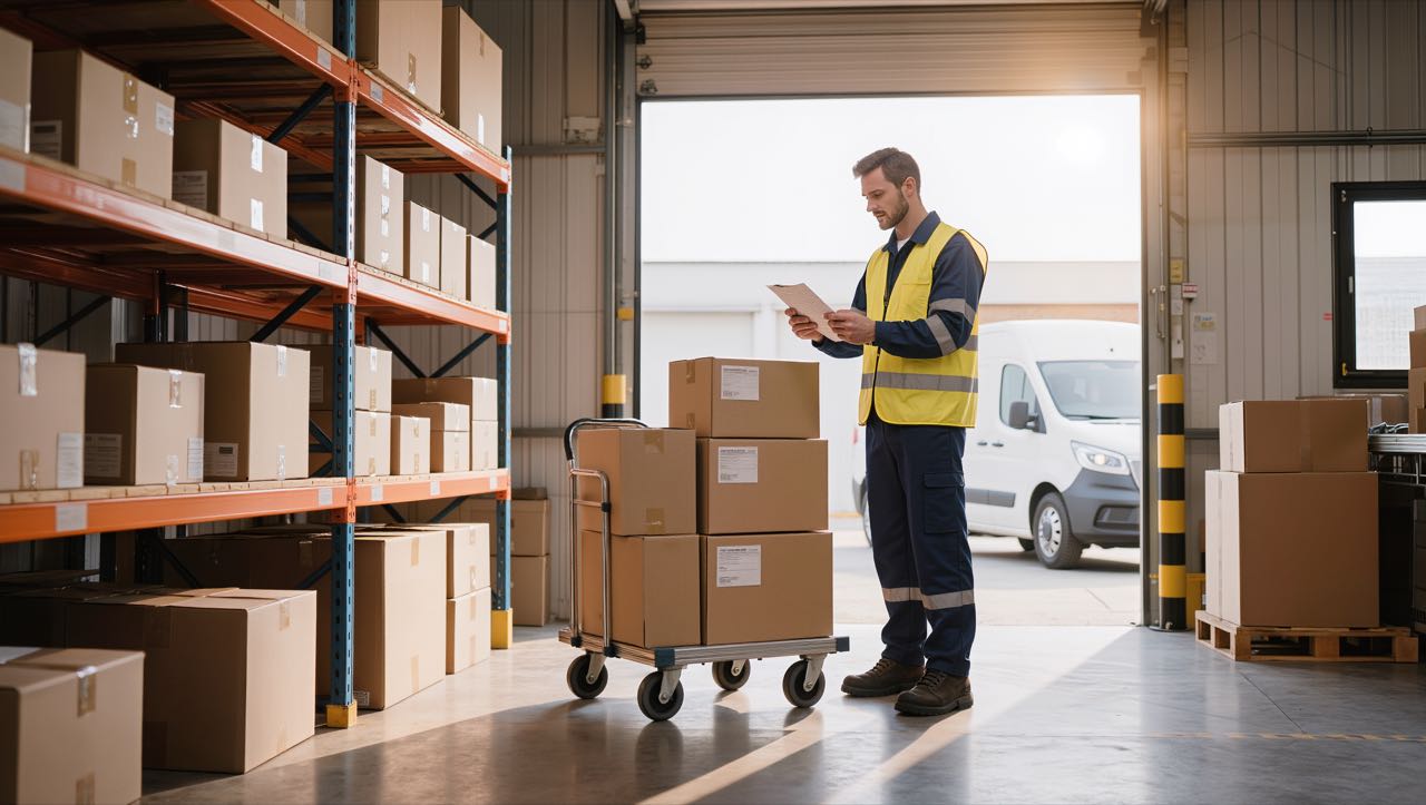 Amazon-Händler kontrolliert Versandpakete auf einem Rollwagen in einem hellen Lager vor der Auslieferung