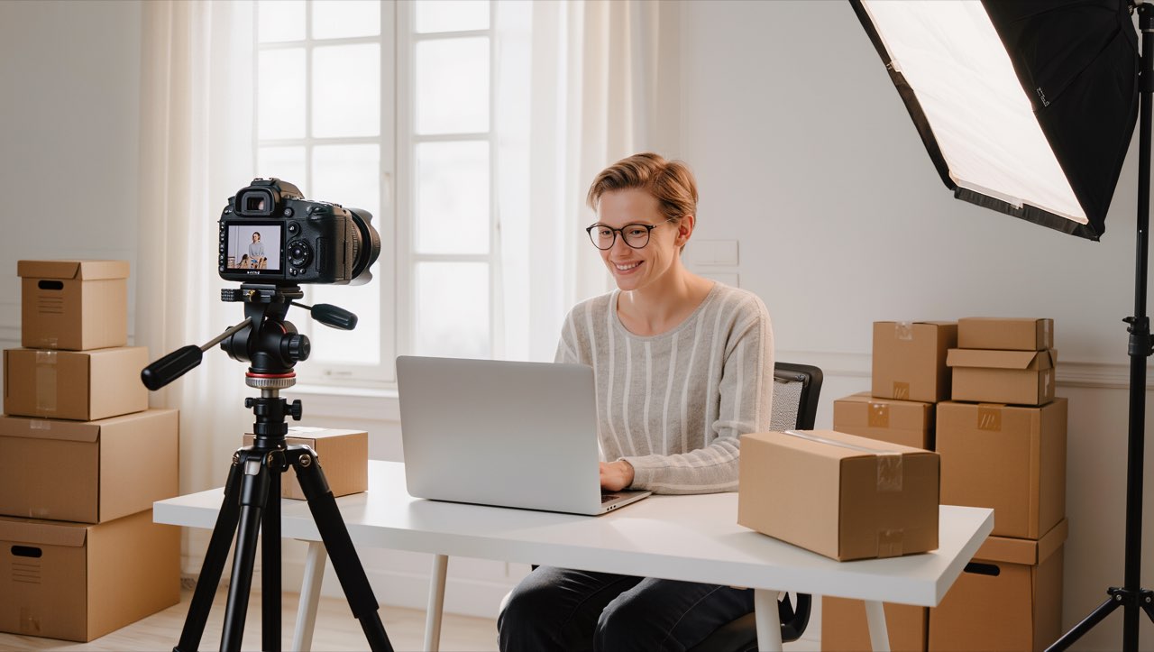 Amazon-Verkäufer prüft KI-generierte Produktfotos an Kamera und Laptop im hellen Studio