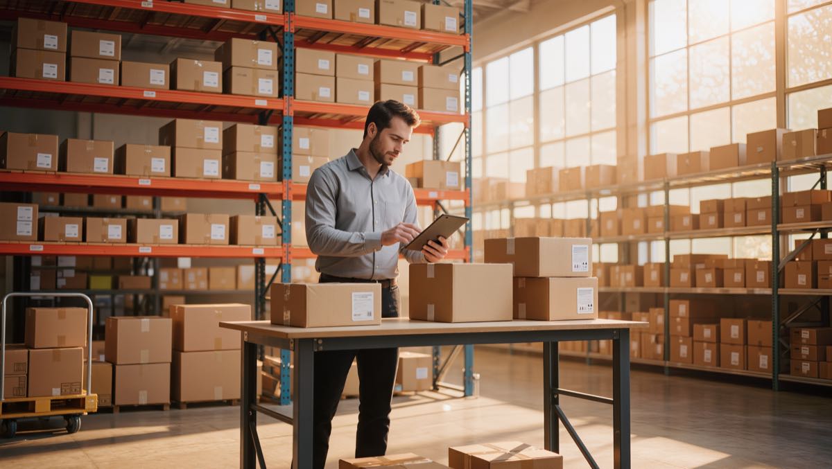 Amazon-Händler prüft Produktdaten für einen neuen Launch in einem hellen Fulfillment-Lager