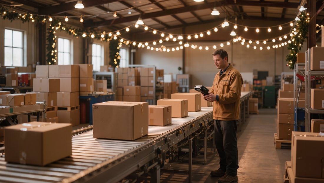 Amazon-Fulfillmentcenter in der Weihnachtssaison mit Paketen auf dem Förderband