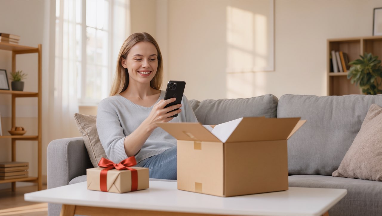 Kundin liest auf ihrem Smartphone lächelnd eine Benachrichtigung, im Hintergrund ein Paket auf dem Wohnzimmertisch