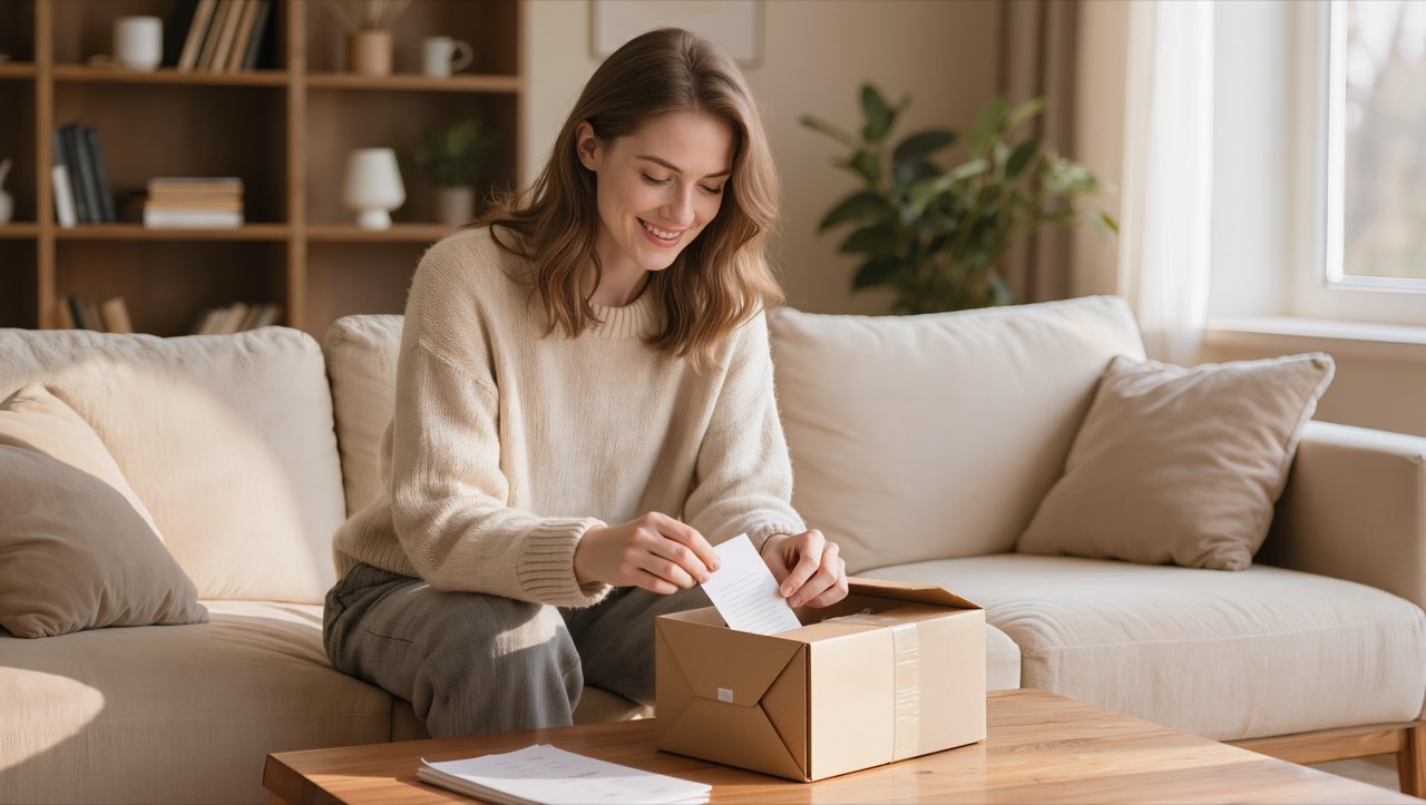 Frau verpackt zu Hause ein Paket mit Rücksendeetikett für eine Retoure