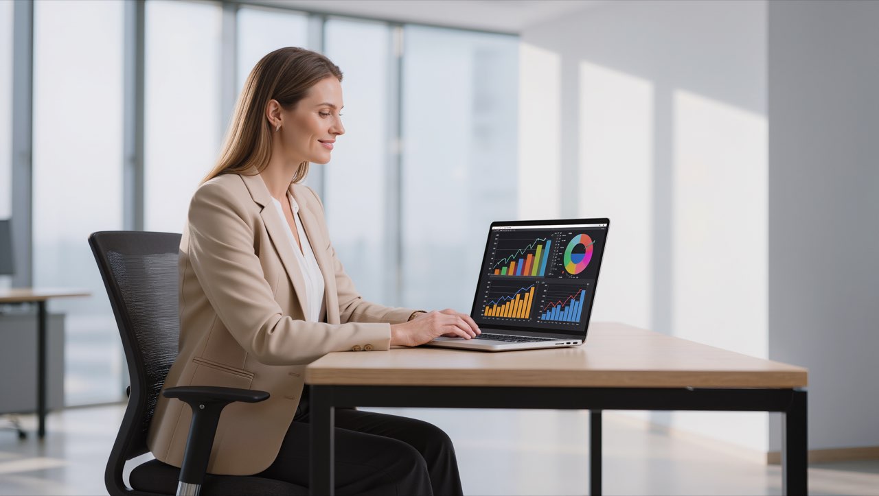 Amazon-Händlerin analysiert Suchdaten und Diagramme auf einem Laptop in einem hellen Büro