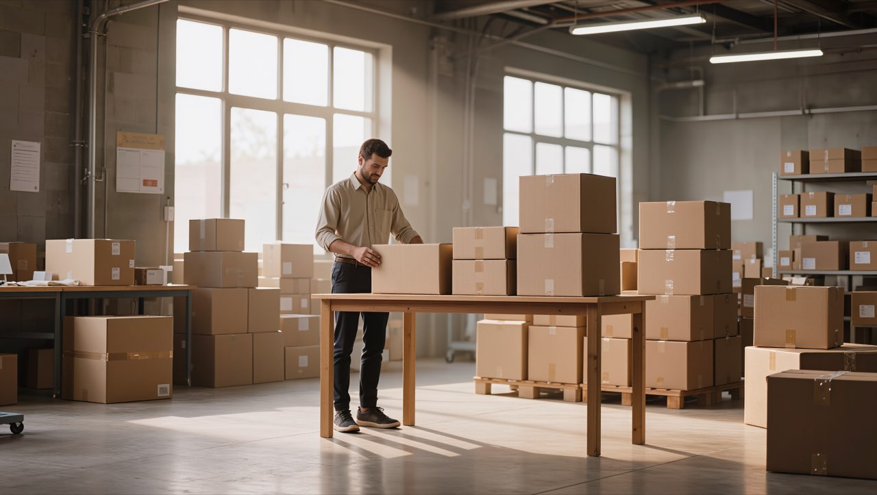 Amazon-Händler prüft Versandkartons in einem hellen, modernen Fulfillment-Lager