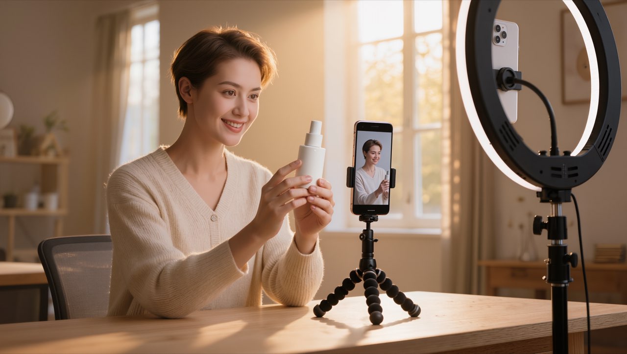 Content Creator filmt eine Produktempfehlung mit Smartphone und Ringlicht