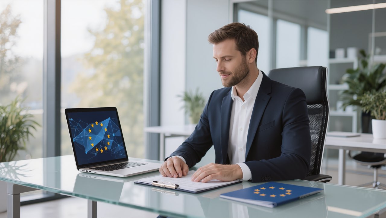 Professionelle Person prüft Compliance-Unterlagen und Laptop in hellem, modernem Büro