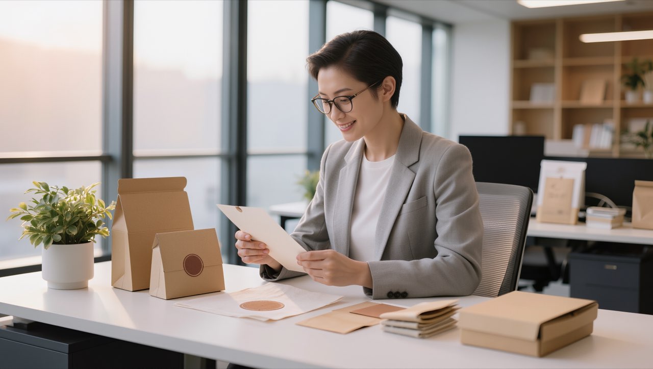 Person prüft nachhaltige Verpackung und Zertifizierungsunterlagen in hellem, modernem Büro
