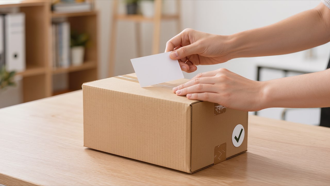 Gewährleistungslabel und Garantielabel: Produktpaket mit Prüfsiegel in hellem Büro