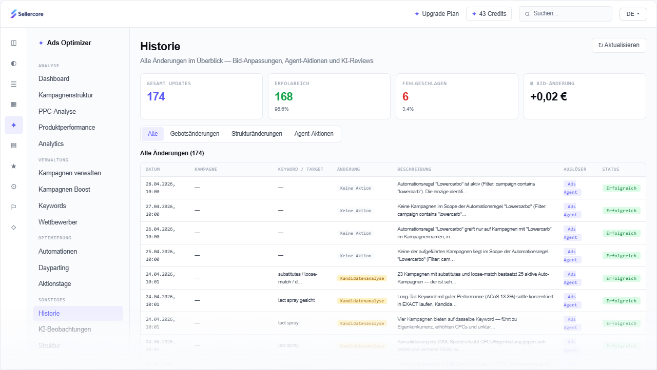 Ads Optimizer Historie – jede Änderung mit Begründung und Status, voll auditierbar
